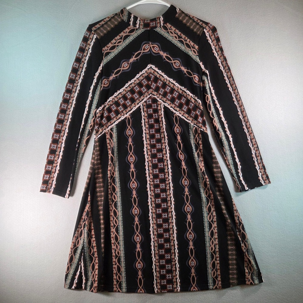 Free People Black Geometric Tribal Print‎ Mock Neck Long Sleeve Mini Dress Small
